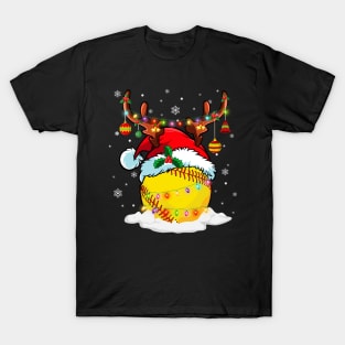 Reindeer Santa Hat Softball Christmas Lights Xmas T-Shirt